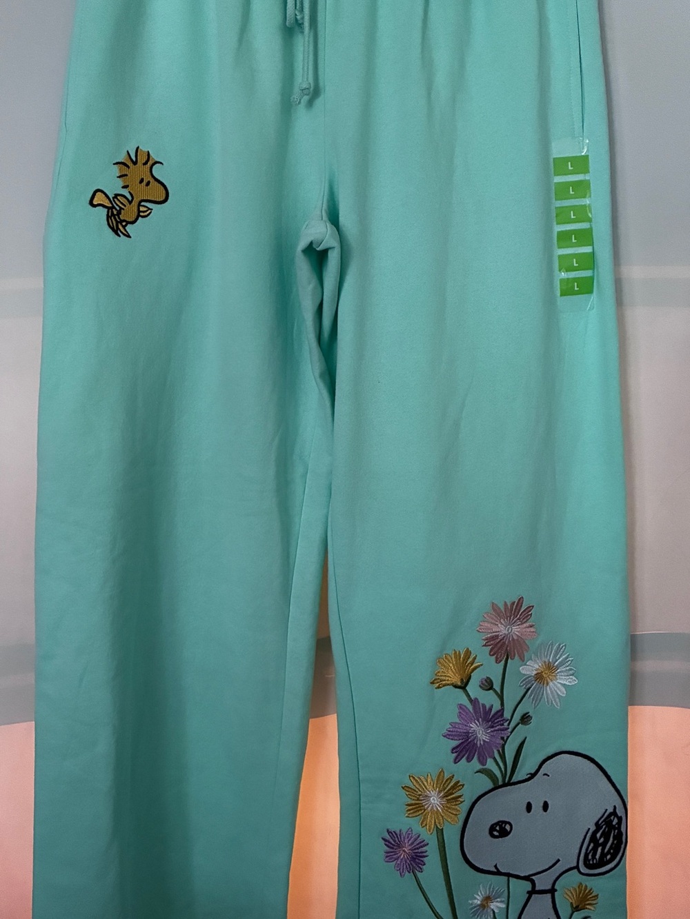 Peanuts Snoopy & Woodstock Floral Mint Green Wide Leg Sweat Pants